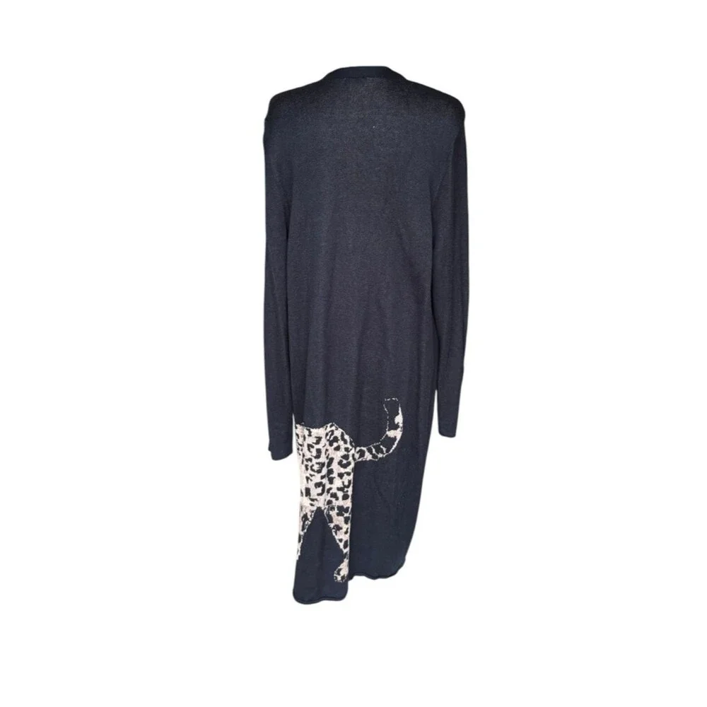 Chicos Long Black Open Front Sweater Duster Cardigan Leopard Motif Womens Large - Picture 3 of 9